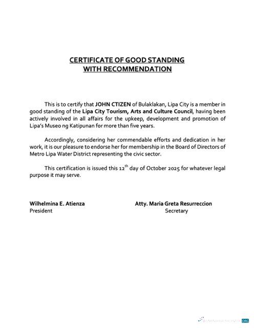 Philippines certificate of good standing Word and PDF template, version 9